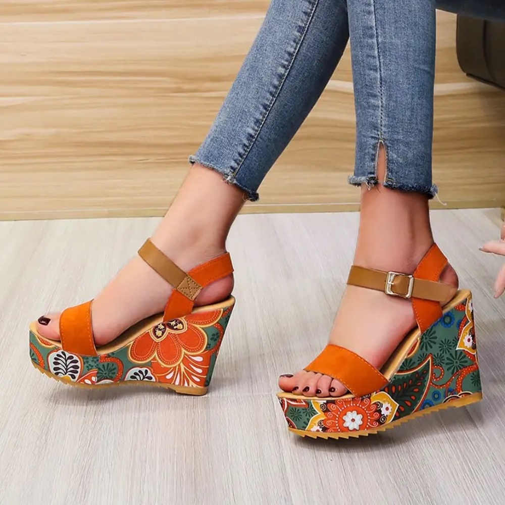Orange Buckle Retro Floral Wedge Platform Heel Shoes - Picture 7 of 10